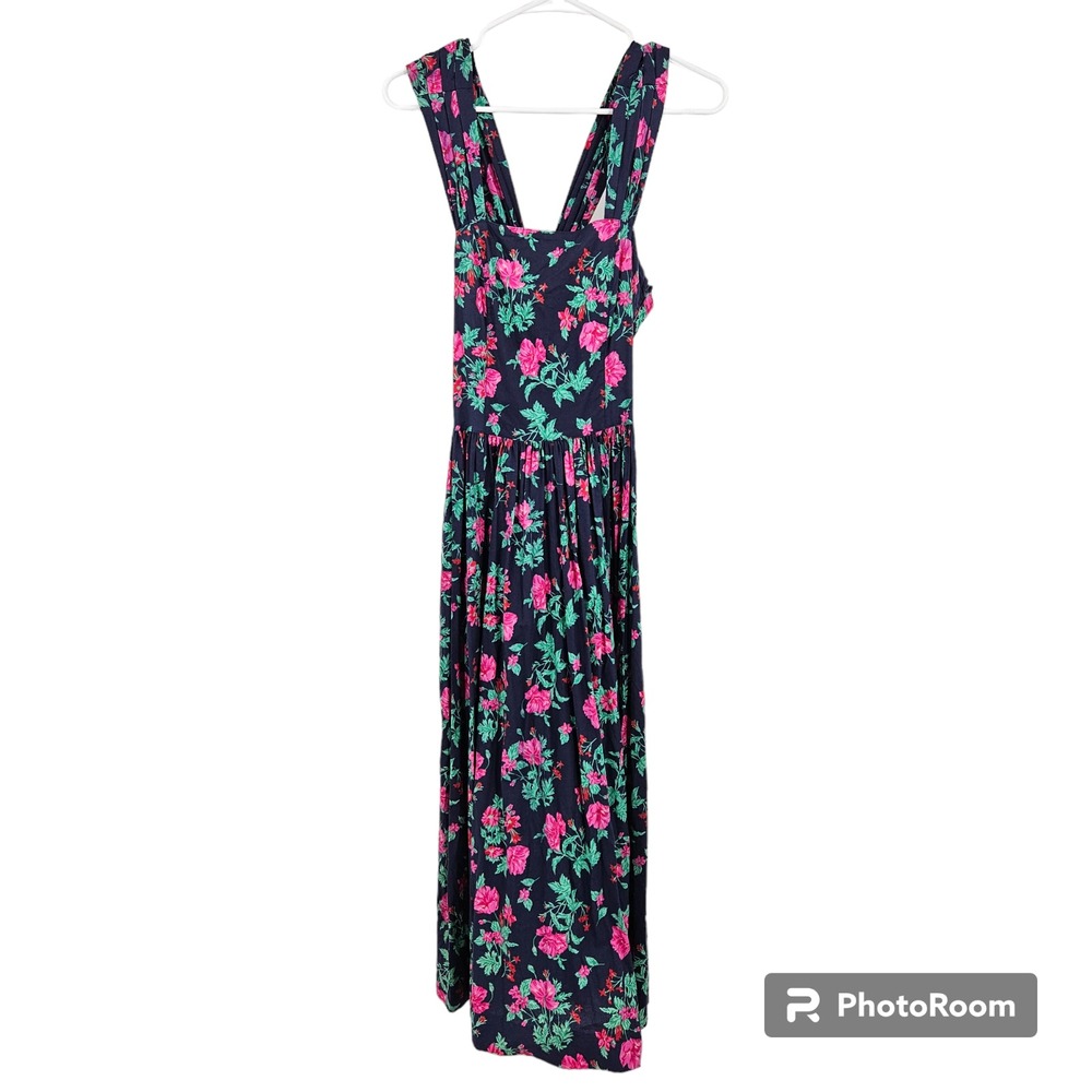 Laura Ashley Dress Blue Pink Floral Print Square Neck Bow Back Midi A-Line Sz 8
